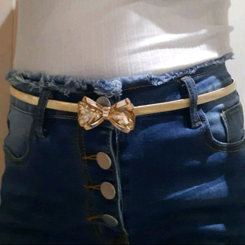 Metallic stretch Gold belt bow buckle waist cinch elegant evening dress - Picture 5 of 10